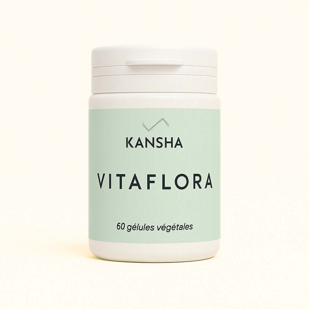 Complément alimentaire KANSHA VITAFLORA – 3 souches de probiotiques, 1 prébiotique et vitamine B2 pour l’équilibre digestif et la flore intestinale