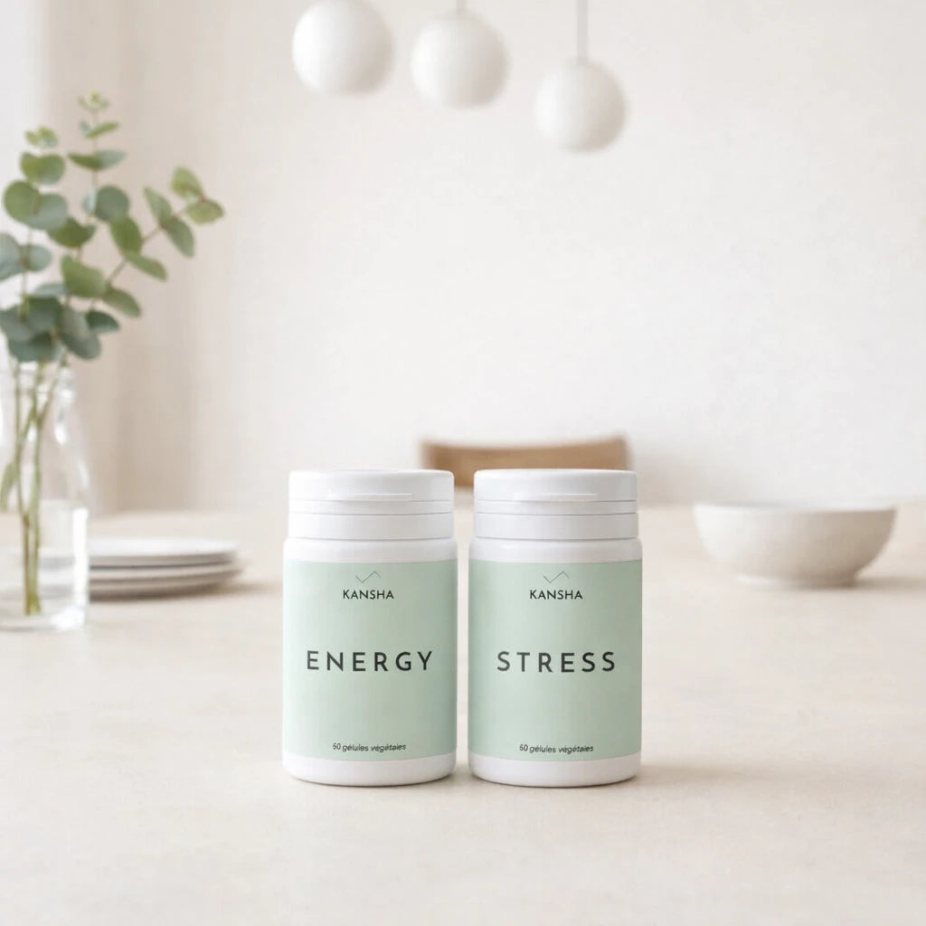 Compléments alimentaires KANSHA ENERGY et STRESS – combinaison naturelle de vitamines, minéraux et plantes adaptogènes pour vitalité, détente et équilibre du corps