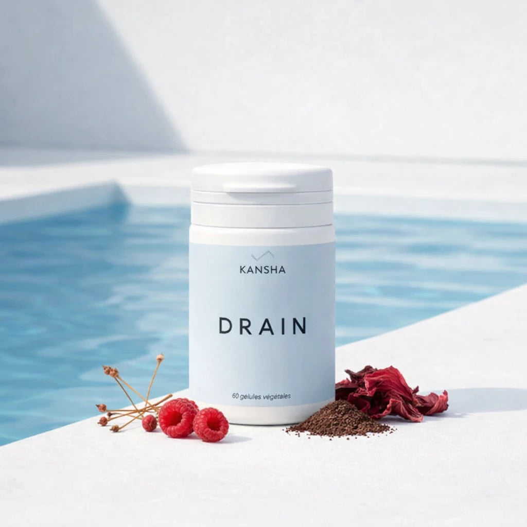 Complément alimentaire KANSHA DRAIN – queues de cerise, hibiscus, marc de raisin et framboise pour favoriser l’élimination et la légèreté corporelle