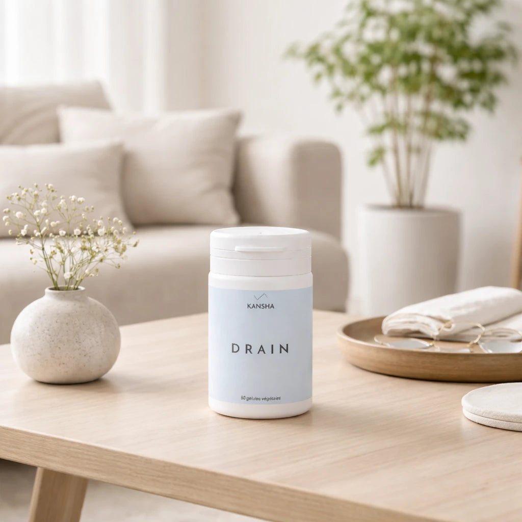 complément DRAIN de KANSHA à base de queues de cerise, hibiscus, framboise et marc de raisin contre la rétention d'eau