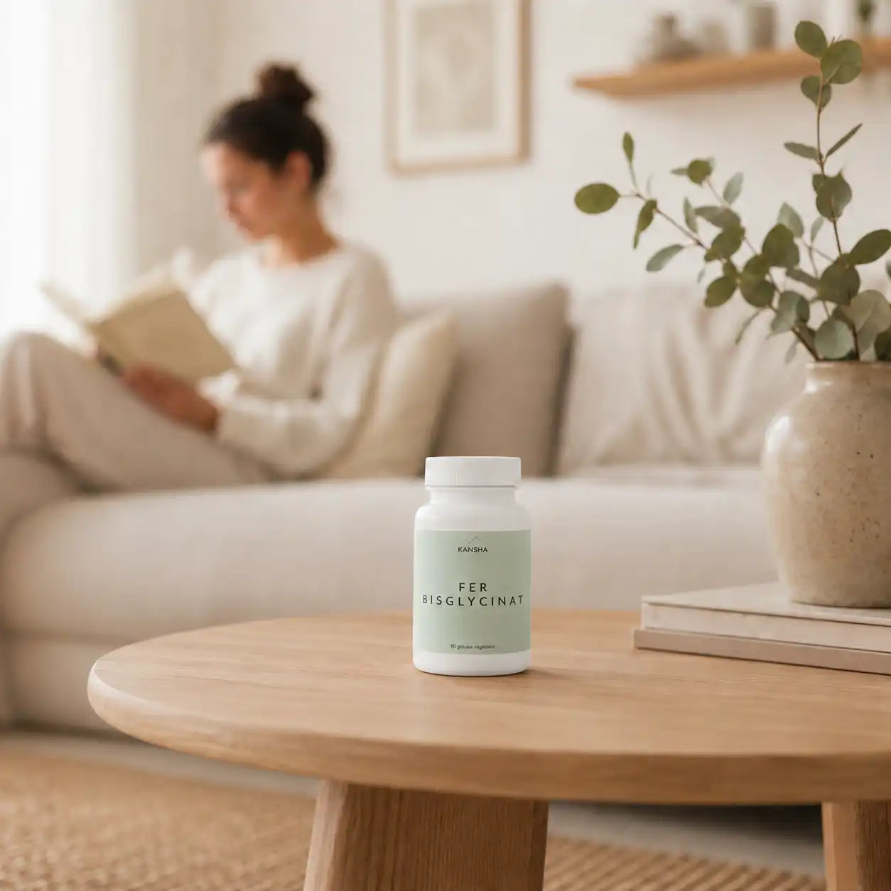 Complément alimentaire KANSHA au fer bisglycinate, apportant 14 mg de fer par dose, en 60 gélules.