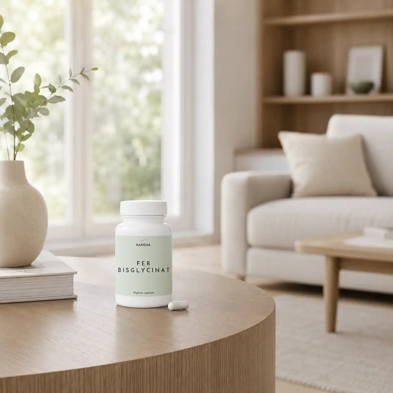 Complément alimentaire KANSHA au fer bisglycinate, apportant 14 mg de fer par dose, en 60 gélules.