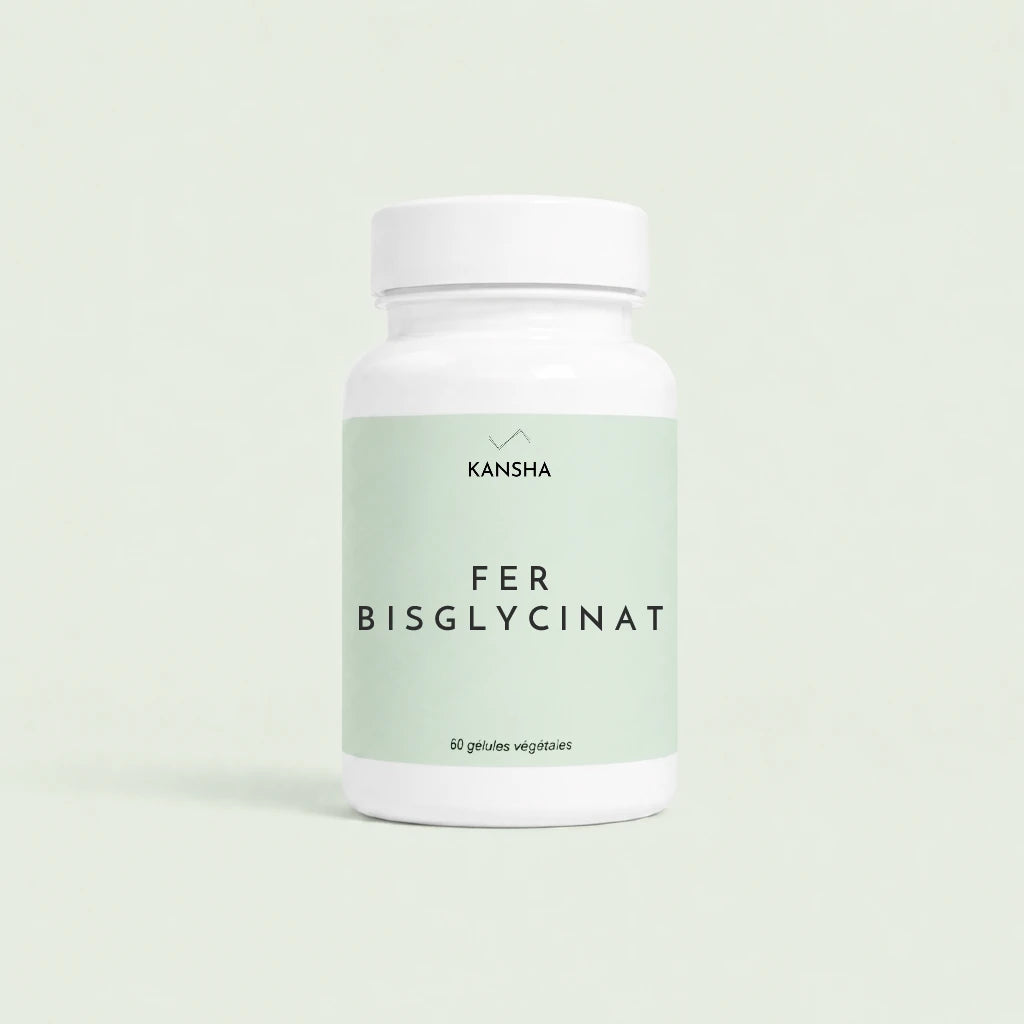 Complément alimentaire KANSHA au fer bisglycinate, apportant 14 mg de fer par dose, en 60 gélules.