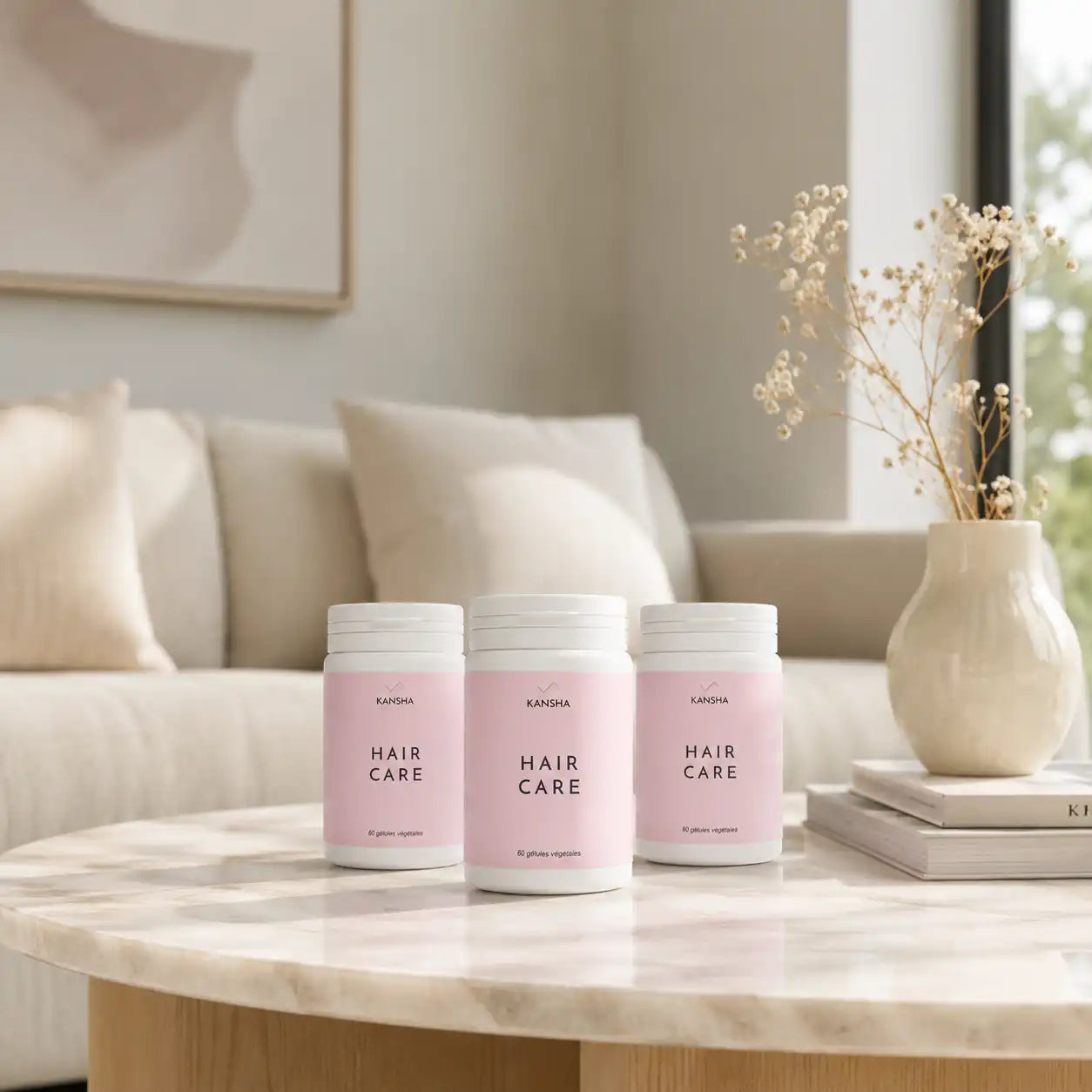 Complément alimentaire KANSHA HAIR CARE – roquette, myrtille, prêle, sélénium, acide folique, biotine, lysine et arginine pour la croissance et la fortification des cheveux