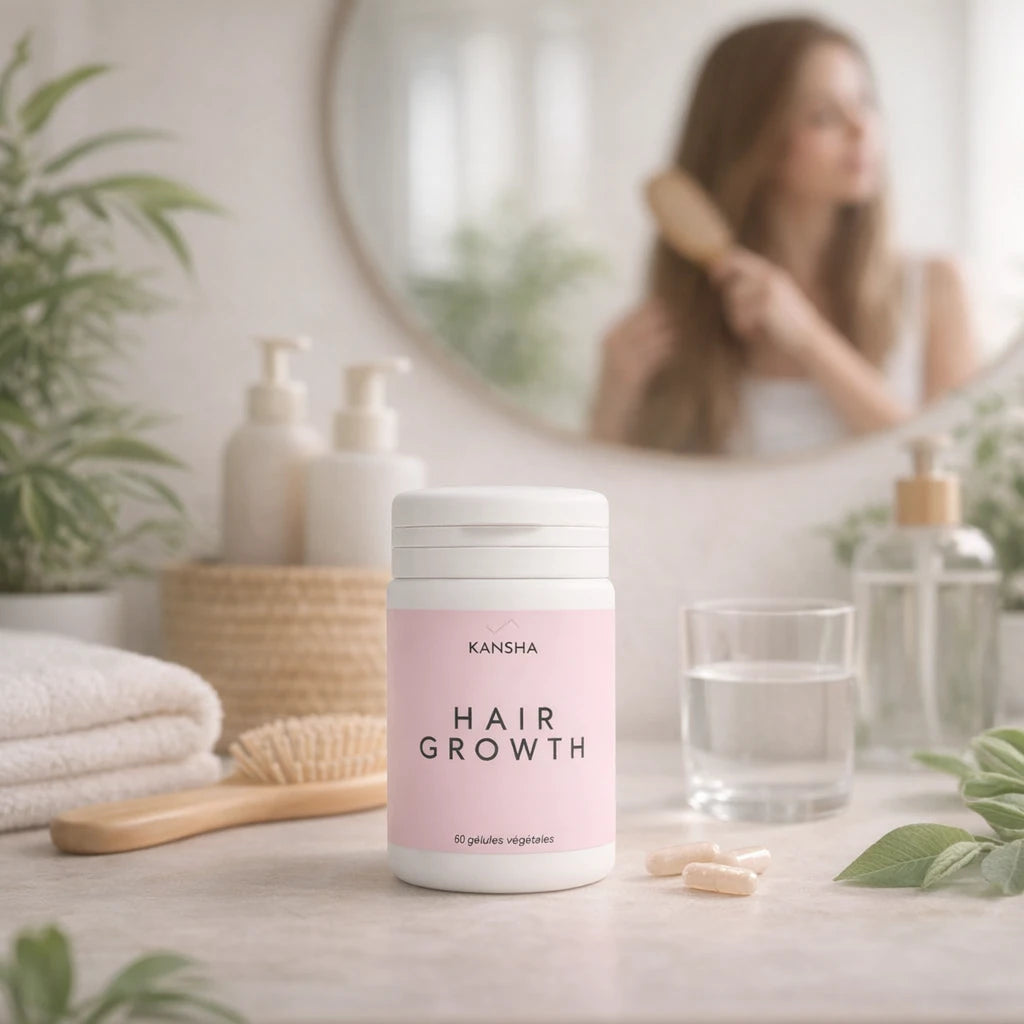 Complément alimentaire KANSHA HAIR GROWTH – roquette, myrtille, prêle, sélénium, acide folique, biotine, lysine et arginine pour la croissance et la fortification des cheveux