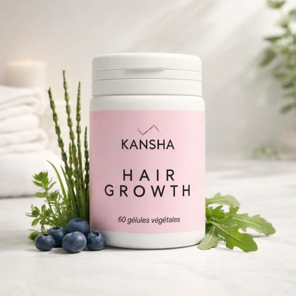 Complément alimentaire KANSHA HAIR GROWTH – roquette, myrtille, prêle, sélénium, acide folique, biotine, lysine et arginine pour la croissance et la fortification des cheveux
