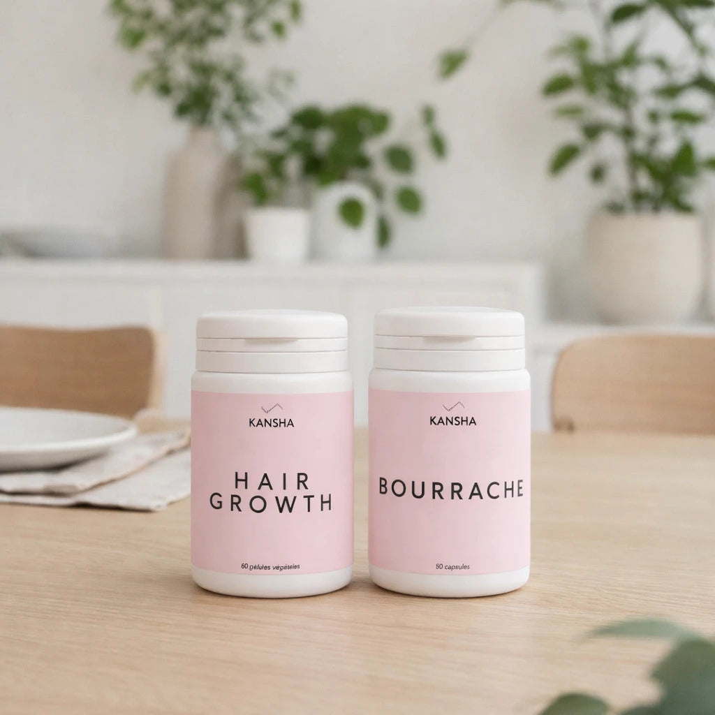 Compléments alimentaires KANSHA HAIR GROWTH et BOURRACHE – association naturelle pour la beauté, la croissance des cheveux et la santé de la peau