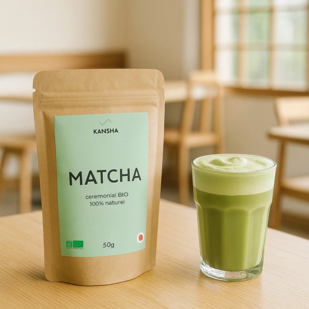 Thé vert bio KANSHA MATCHA – matcha 100 % pur issu de la première récolte Ichibancha au Japon, riche en antioxydants et en énergie naturelle