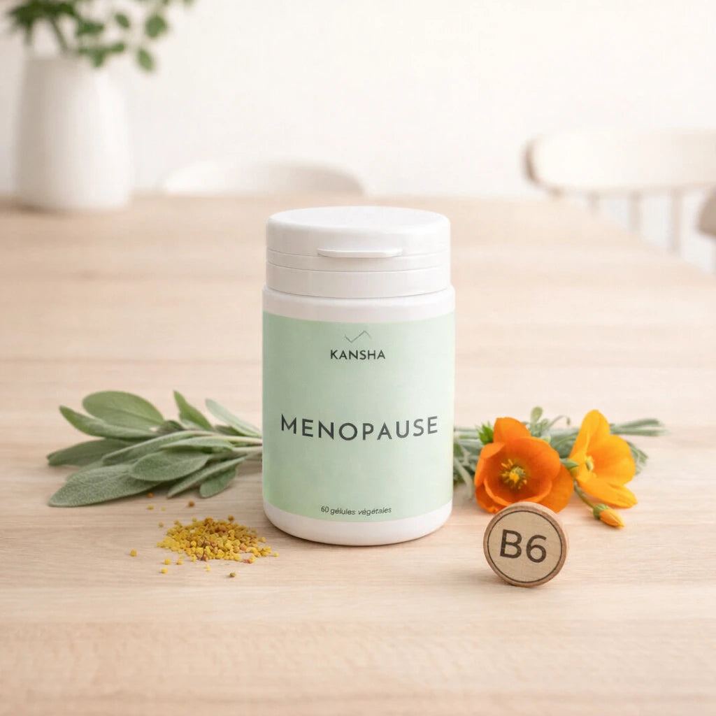 Complément alimentaire KANSHA MENOPAUSE – formule à base de pollen, sauge, eschscholtzia et vitamine B6 pour le confort hormonal et l’équilibre féminin