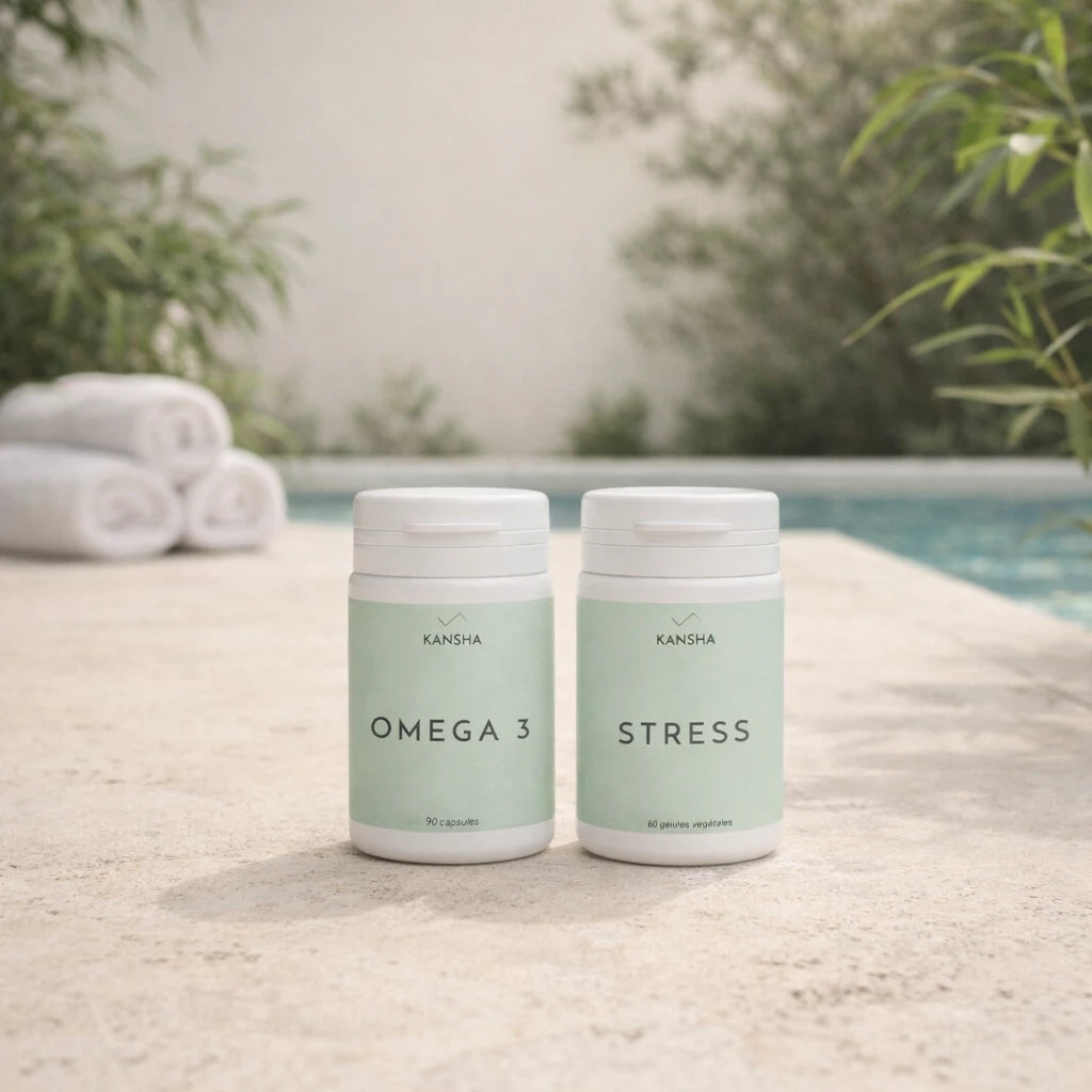 Compléments alimentaires KANSHA OMEGA 3 et STRESS – alliance naturelle d’oméga-3, magnésium et plantes adaptogènes pour le bien-être mental et la relaxation